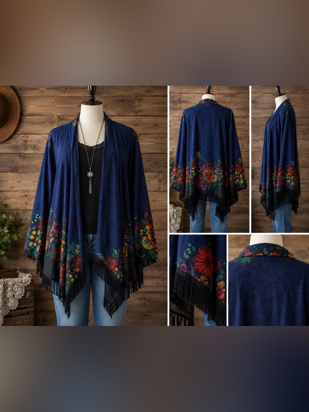 Dark Blue- Kimono Cardigan-Floral Fringe Open-Front